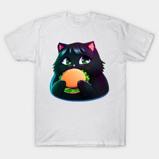 Black Fat cat eating burger T-Shirt